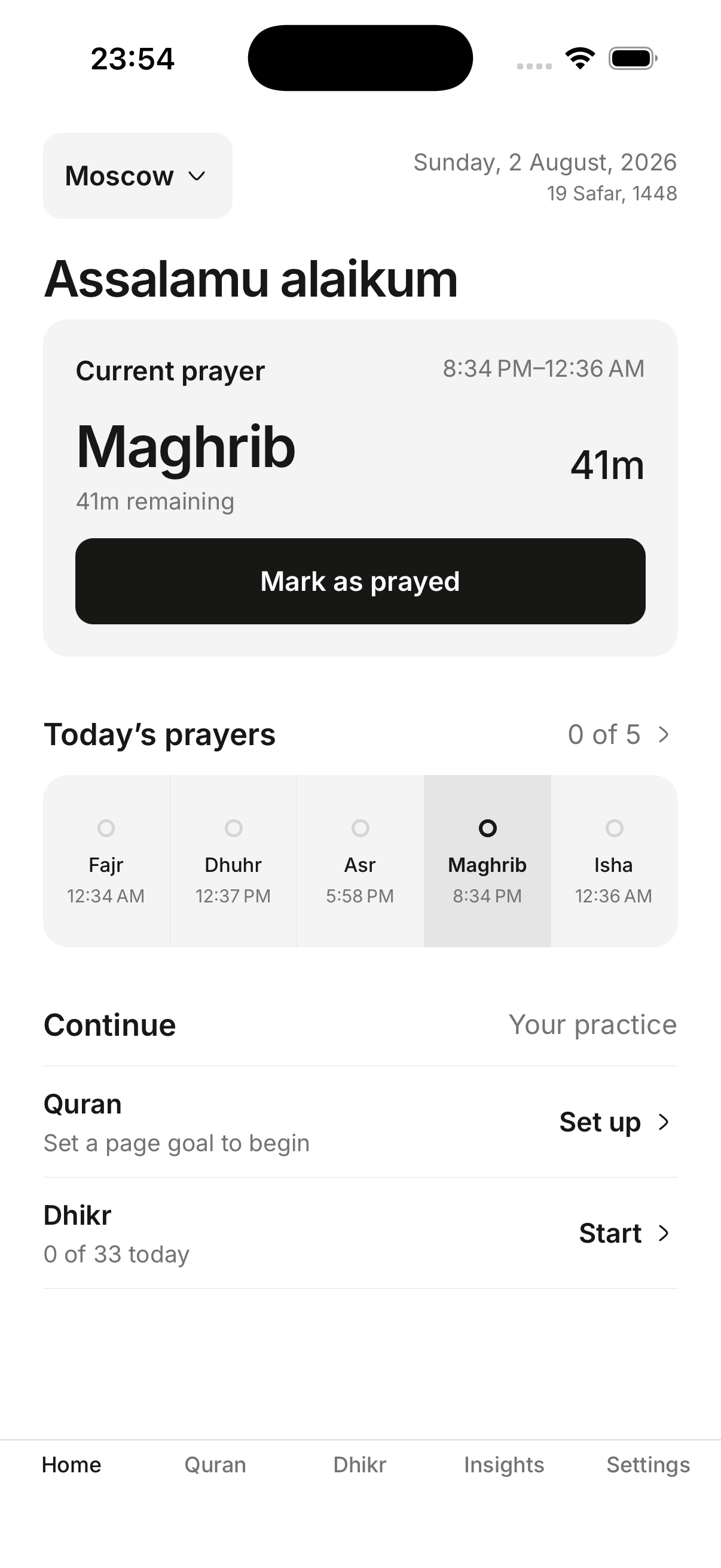 Niyyah home screen showing the current prayer, today's prayer times, Quran progress, and dhikr.